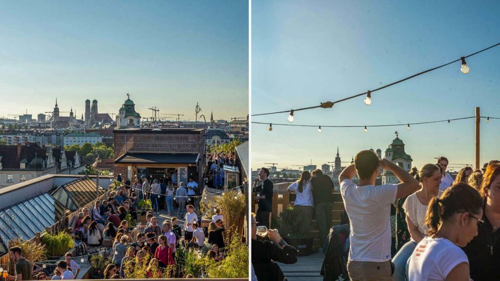 Über zwei Ebenen erstreckt sich die Rooftop Bar auf dem Fat Cat München